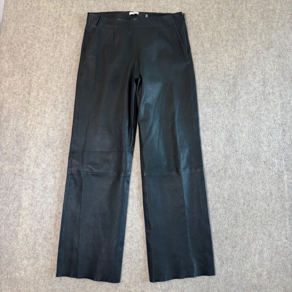 Ecru Leather Wide Leg Pants Womens 8 Dark Green High Rise Side Zip Tailored Chic